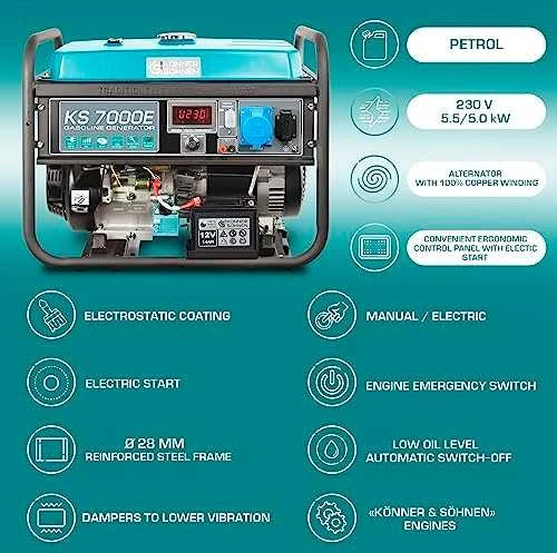 KÖNNER & SÖHNEN BENZINO GENERATORIUS 5.0kW 230V KS 7000E, ELEKTRINIS PALEIDIMAS