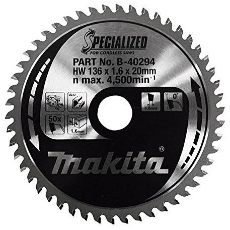 Makita T.C.T. pjūklas SPECIALIZED 136X1.6X20mm 0° T50 B-40294 T.C.T • 136 x20 mm • T50 • 0° • Aliuminiui