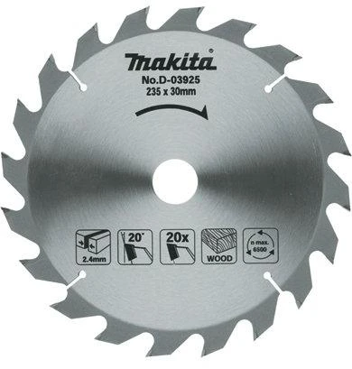 Makita T.C.T. pjūklas 235X2.4X30mm 20° T20 D-03925 T.C.T • 235 x30 mm • T20 • 20° • Medienai