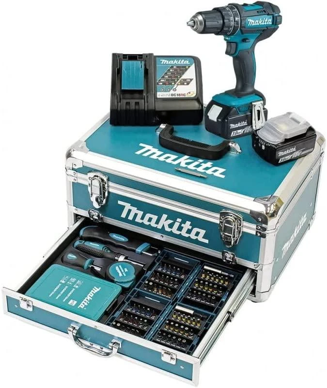 Makita DHP482RFX9 rinkinys su atviru lagaminu ir priedais