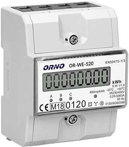 ORNO 3 fazių elektros skaitiklis, 80A, MID, 3 moduliai, DIN TH-35mm