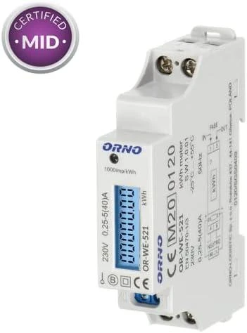 ORNO 1 fazių elektros skaitiklis, 40A, MID, impulsų išvestis, apšvietimas, 1 modulis