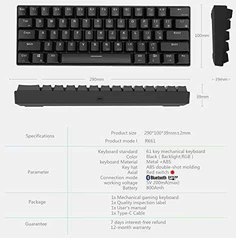 Royal Kludge RK61 klaviatūra | 60%, Hot-swap, Mėlyna Switches, US, juoda
