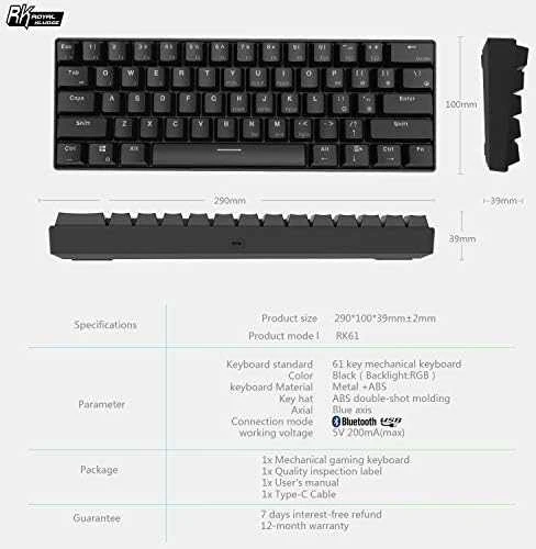 Royal Kludge RK61 klaviatūra | 60%, Hot-swap, Mėlyna Switches, US, juoda