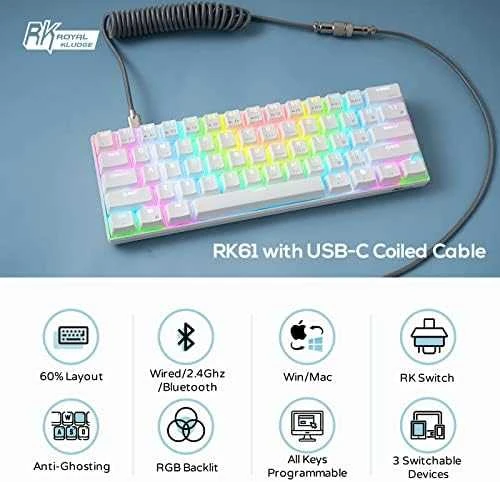 Royal Kludge RK61 klaviatūra | 60%, Hot-swap, Raudona Switches, US, balta