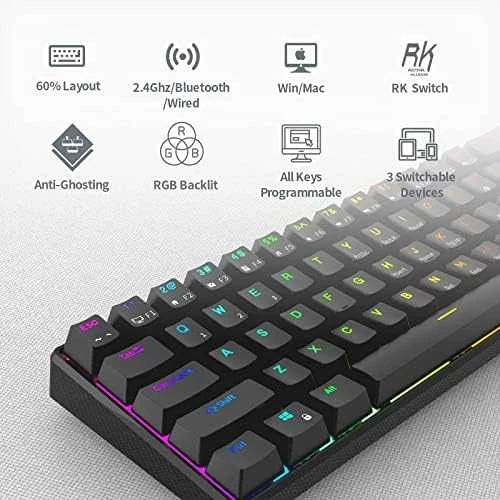 Royal Kludge RK61 klaviatūra | 60%, Hot-swap, Raudona Switches, US, balta