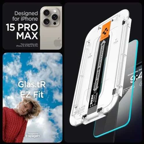 Apsauginis stiklas telefonui Apple iPhone 15 Pro Max Spigen Glas.tr „EZ Fit” 2 vnt. skaidrus