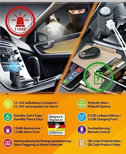 Universali signalizacija, automobilinis USB įkroviklis Technaxx Universal Mobile & Auto Alarm TX-100