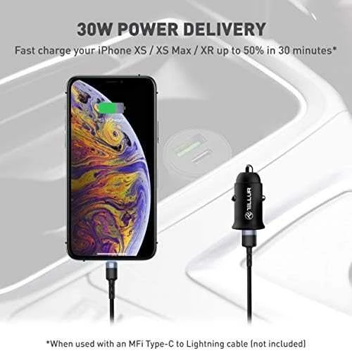 Tellur automobilinis įkroviklis PD60W QC30W FCC7 juodos spalvos