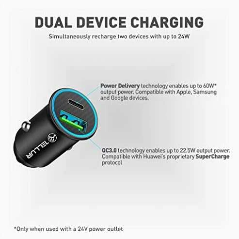 Tellur automobilinis įkroviklis PD60W QC30W FCC7 juodos spalvos