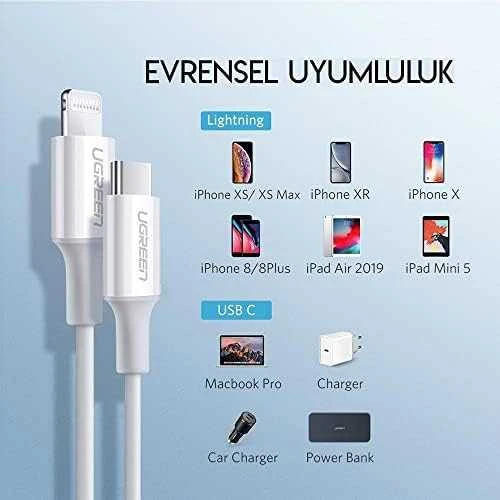 USB laidas Ugreen US171 MFi USB-C iki Lightning 3A 1.0m baltas