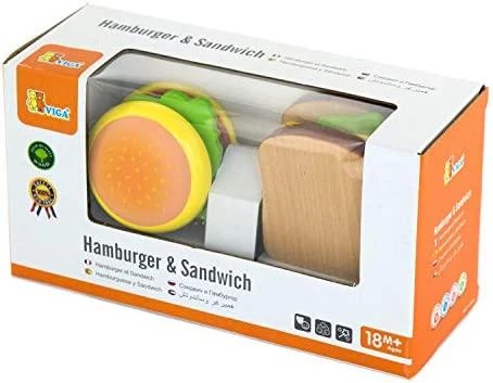 Viga Žaislas - Virtuvės įranga - Pjaustymo rinkinys su hamburgeriu ir sumuštiniu