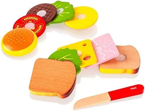 Viga Žaislas - Virtuvės įranga - Pjaustymo rinkinys su hamburgeriu ir sumuštiniu