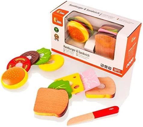 Viga Žaislas - Virtuvės įranga - Pjaustymo rinkinys su hamburgeriu ir sumuštiniu