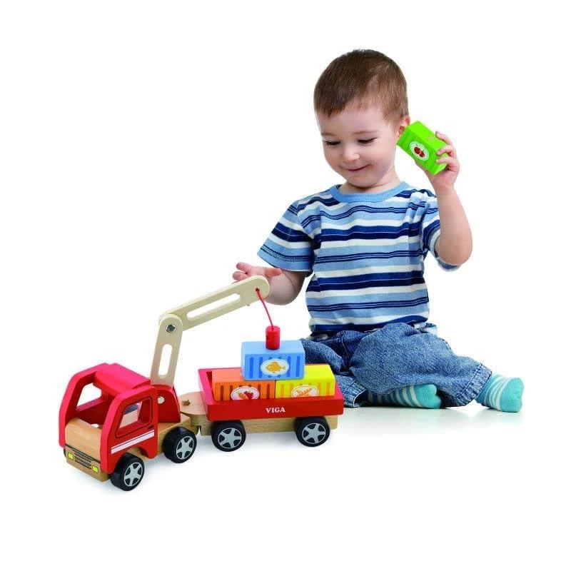 Viga Toys Medinis Kranas su Konteineriais