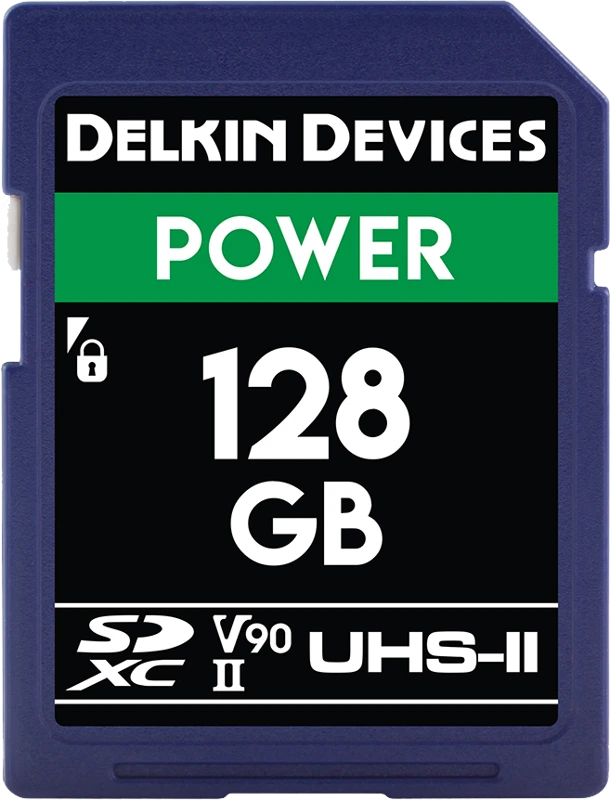 Delkin Power 128GB SD kortelė, priekinis vaizdas