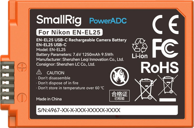 Oranžinis SmallRig 4967 EN-EL25 USB-C Rechargeable Camera Baterija Oranžinis