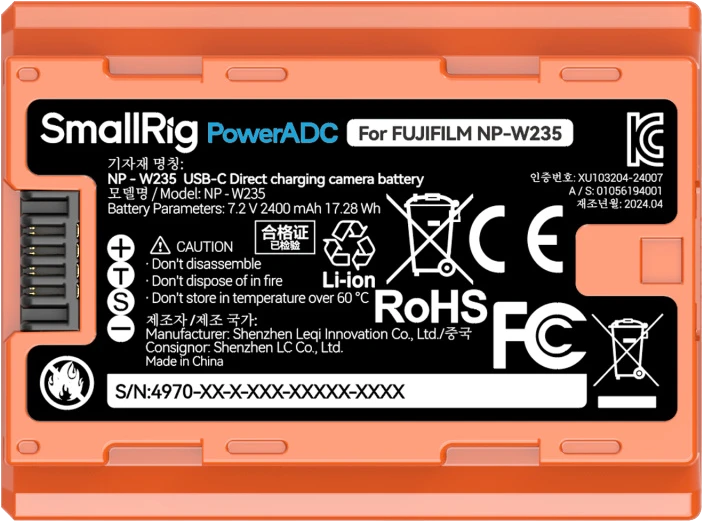 Oranžinis SmallRig 4970 NP-W235 USB-C Rechargeable Camera Baterija Oranžinis