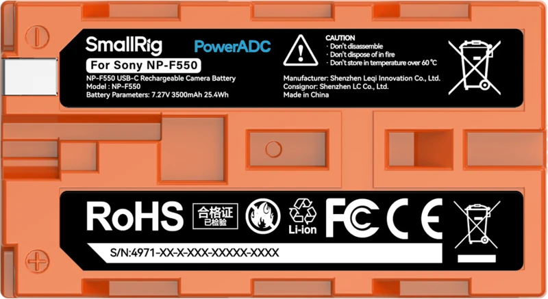 Oranžinis SmallRig 4971 NP-F550 USB-C Rechargeable Camera Baterija Oranžinis