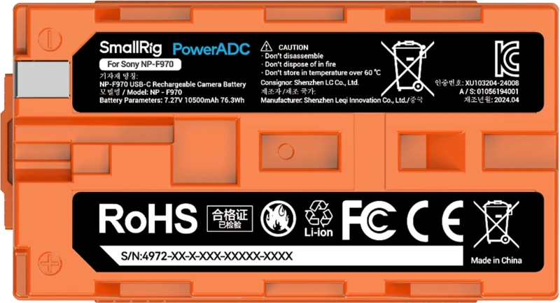 Oranžinis SmallRig 4972 NP-F970 USB-C Rechargeable Camera Baterija Oranžinis