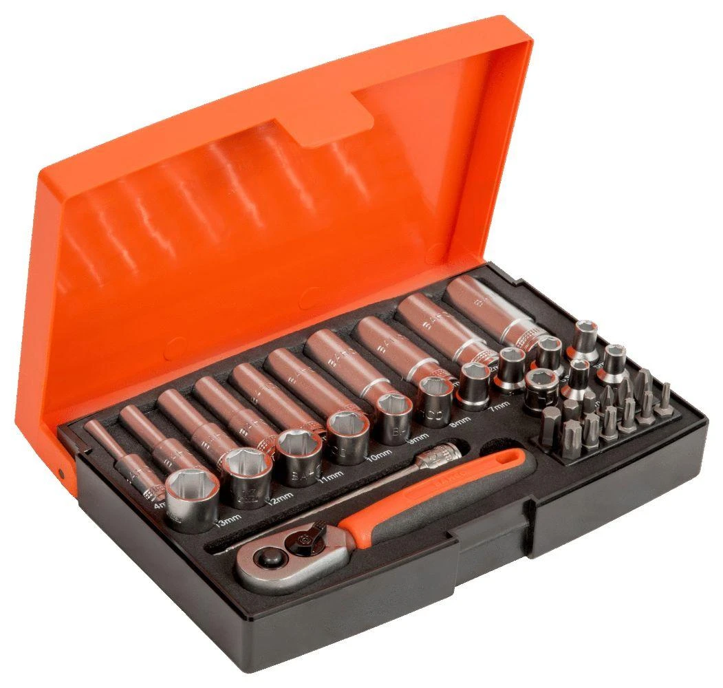Bahco Ilgų ir trumpų galvučių komplektas 4-13mm + bits PH,PZ,HEX,TORX 37 vnt 1/4"