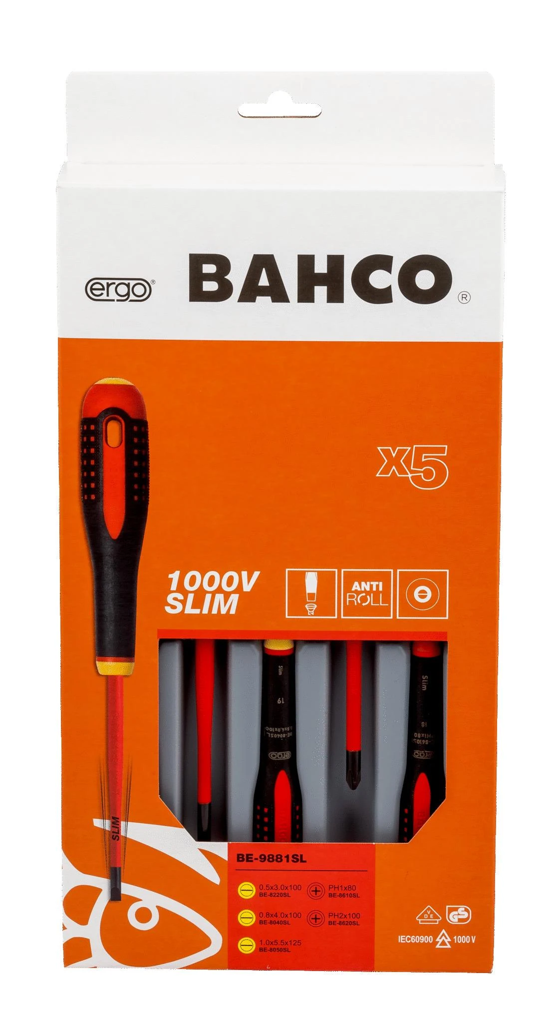 Bahco Izoliuotų atsuktuvų rinkinys ERGO™ slim 5 vnt - PH1/2; SL3,0/4,0/5,5 - 1000V VDE