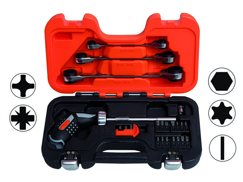 Bahco Pistol rankenos reketinis atsuktuvas + antgaliai PH,PZ,SL,HEX,Torx ir veržliarakčių rinkinys 8-19mm 3 vnt.