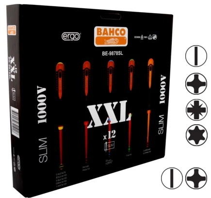 Bahco XXL Izoliuotų atsuktuvų rinkinys ERGO™ 12 vnt - PZ1/2; PH1/2; SL2,5/3,0/3,5/4,0/5,5; Combi PH1/SL5, PH2/SL6; T10 - 1000V VDE