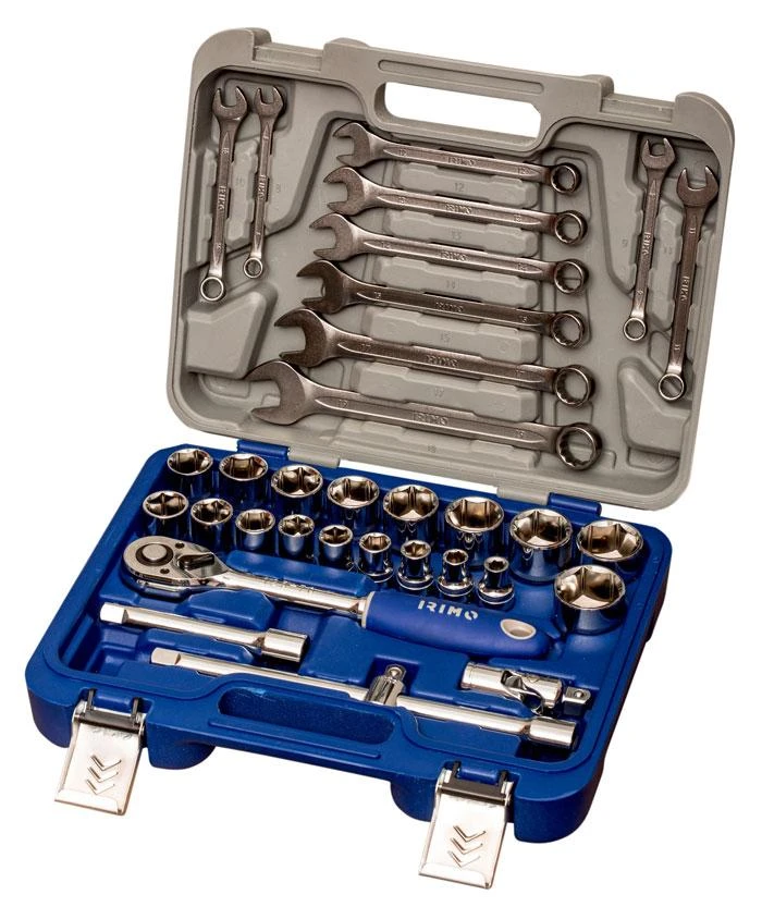 Galvučių 8-32mm, priedų ir kombinuotų raktų rinkinys 8-19mm 1/2" 33 vnt Irimo