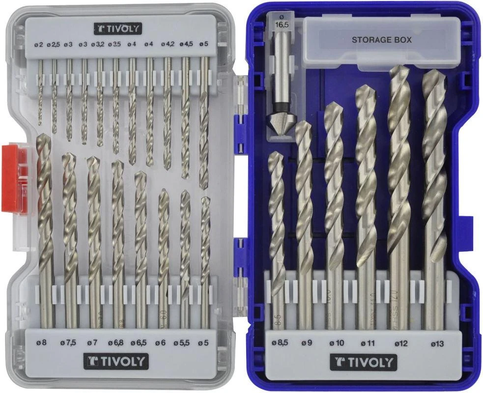 Grąžtas Tivoly Metalo grąžtų rinkinys HSS 26vnt Ø1-13mm, gilintuvas 16.5 mm