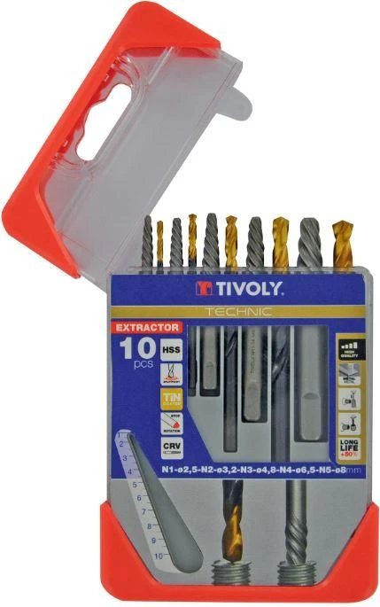 Grąžtas Tivoly nulūžusių varžtų ištraukiklių ir grąžtų rinkinys – 10 dalių:, varžtų ištraukikliai N1–N5 + TiN danga dengti HSS grąžtai Ø2,8–8 mm, trijų briaunų kotas, pilkos spalvos dėklas, (M3-M18 varžtams)