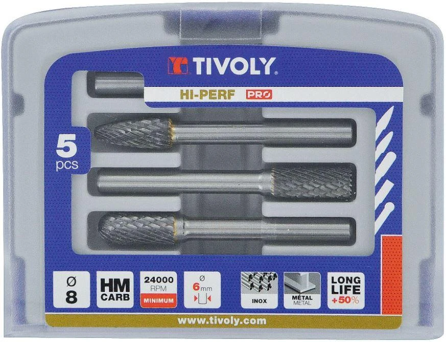 Grąžtas Tivoly Karbidinių frezų rinkinys, Ø8mm, HALF BOX, 5vnt