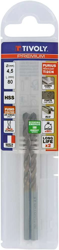 Tivoly Metalo grąžtas FURIUS 4.5mm, Ti2CN FUSIO, HSS kampas "Split point" 135°, 2vnt. blisteryje.
