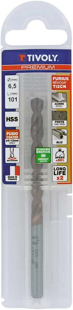 Tivoly Metalo grąžtas FURIUS 6.5mm, Ti2CN FUSIO, HSS kampas "Split point" 135°, blisteryje.