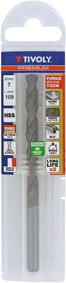 Tivoly Metalo grąžtas FURIUS 7.0mm, Ti2CN FUSIO, HSS kampas "Split point" 135°, blisteryje.