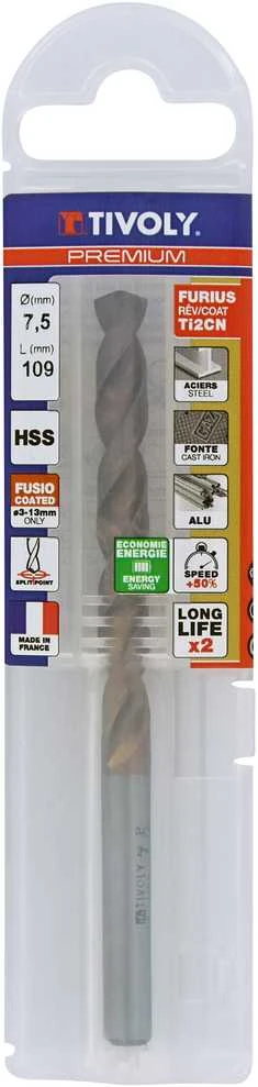 Tivoly Metalo grąžtas FURIUS 7.5mm, Ti2CN FUSIO, HSS kampas "Split point" 135°, blisteryje.