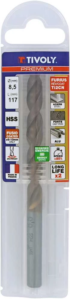Tivoly Metalo grąžtas FURIUS 8.5mm, Ti2CN FUSIO, HSS kampas "Split point" 135°, blisteryje.