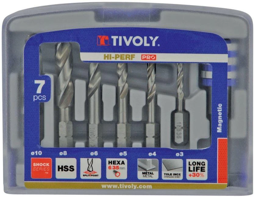 Grąžtas Tivoly Metalo grąžtų rinkinys 3-10mm, 7vnt, HSS, 1/4" kotelis, "Half-box"