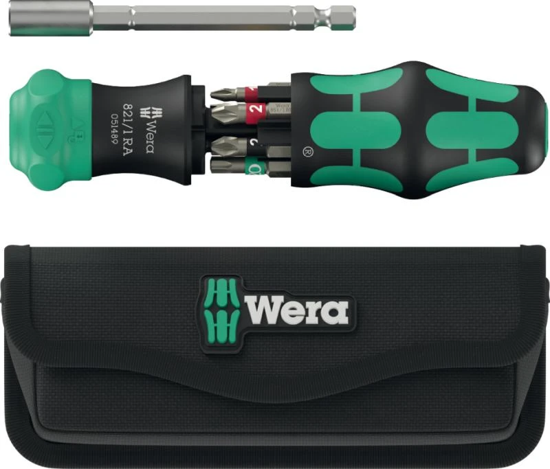 „Wera Kraftform Kompakt 28 RA“ terkšlinis atsuktuvas su antgaliais – 6 dalių rinkinys su ištraukiama bajonetine geležte, 25 mm „BiTorsion“ antgaliais, ergonomiška rankena, sulankstoma pakuote