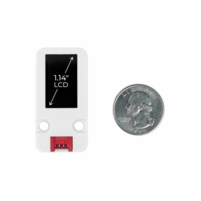 M5Stack 1.14 colio LCD ekranas su moneta dydžiui palyginti