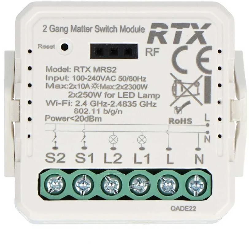 2 kanalų 10A įleidžiama relė – WiFi – Matter – Android/iOS programa – RTX MRS2