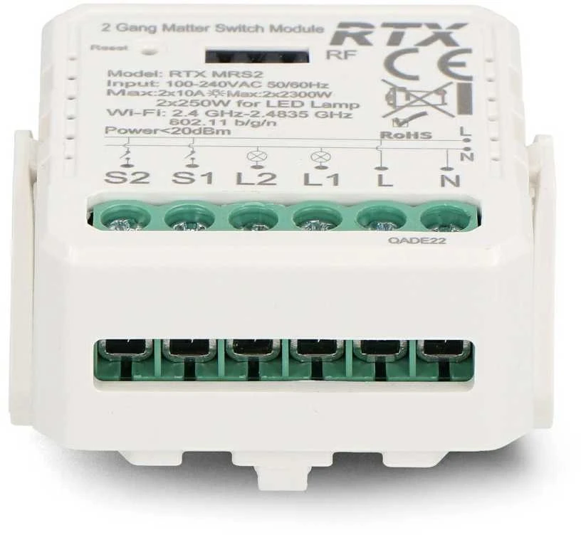2 kanalų 10A įleidžiama relė – WiFi – Matter – Android/iOS programa – RTX MRS2