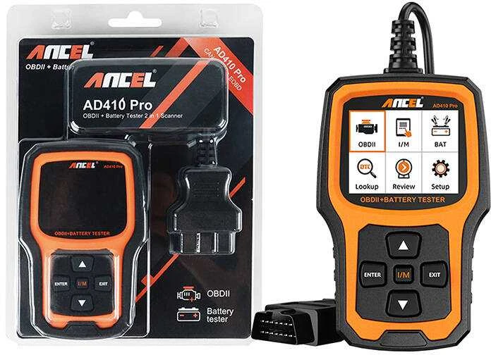 2 viename diagnostikos skaitytuvas OBD2 ir akumuliatoriaus testeris Ancel AD410 PRO