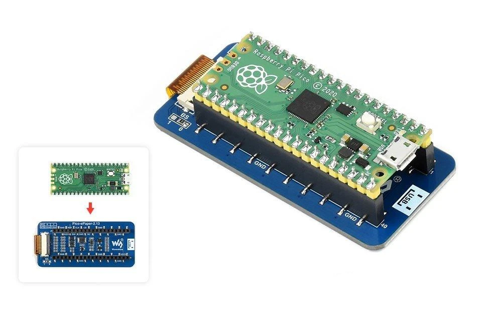 2.13” E-Paper E-Ink ekranas 212x104px, SPI, 3 spalvų, skirtas Raspberry Pi Pico, Waveshare 19588