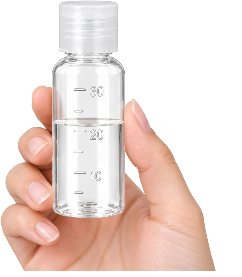 30 ml matavimo buteliukas su graduota padalele kelionėms – lėktuvui – graduotas