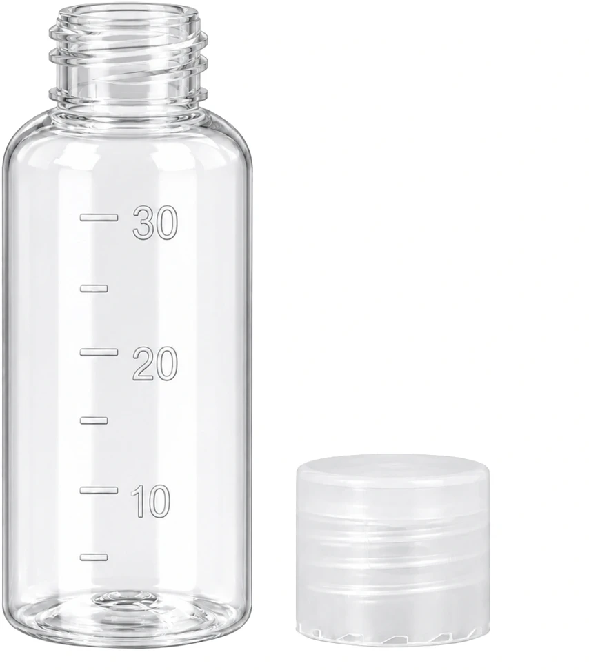 30 ml matavimo buteliukas su graduota padalele kelionėms – lėktuvui – graduotas