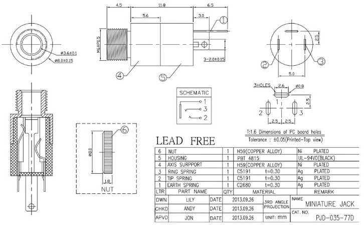 Oem 3.5 mm ausinių lizdas, prisukamas, paauksuotas PJ-392