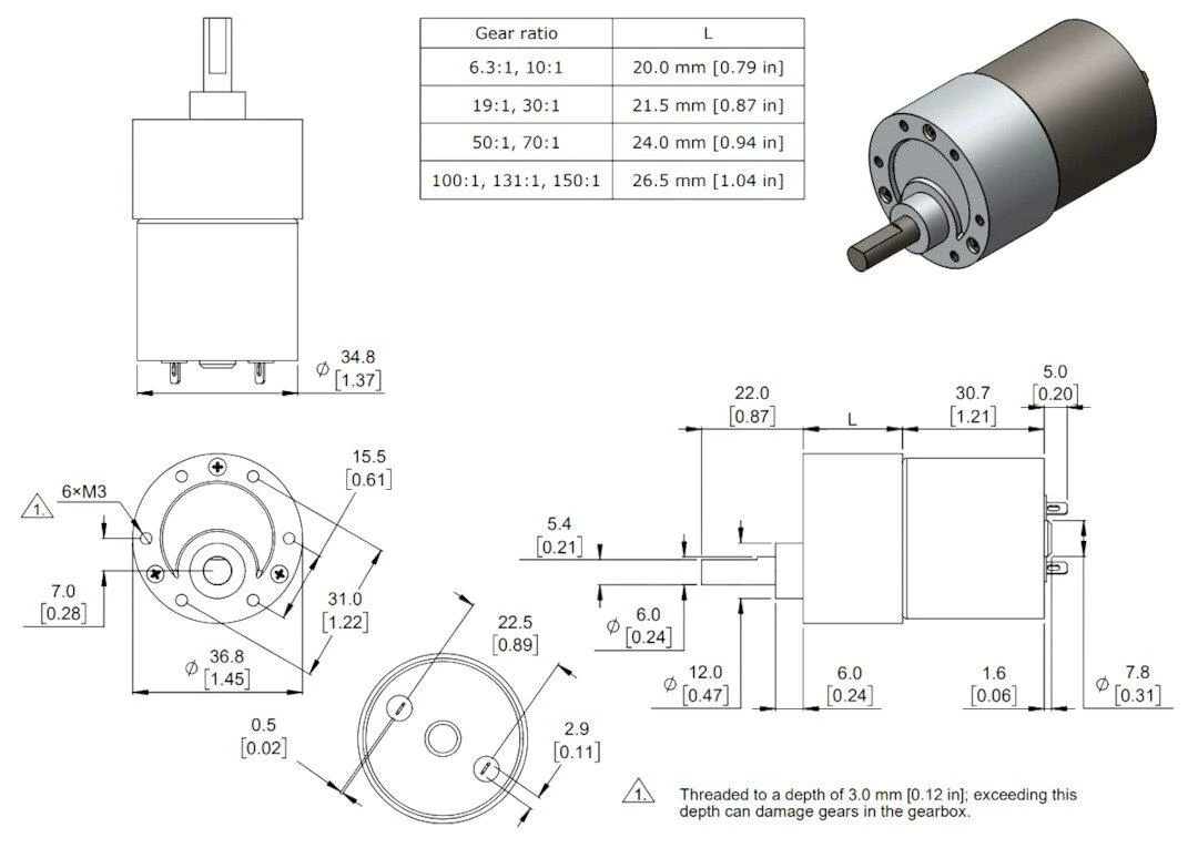 37Dx54L variklis su 70:1 pavara 24V 140RPM, Pololu 4684