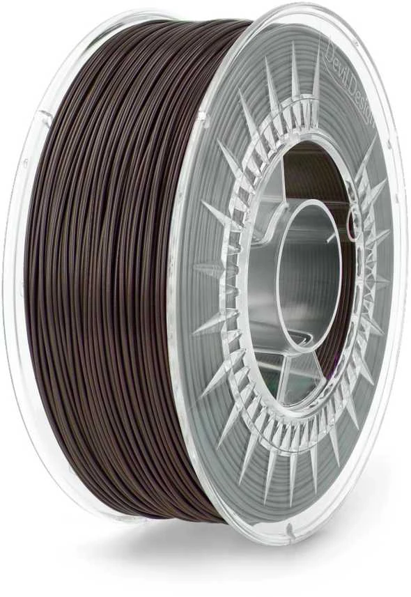PLA 1.75mm tamsiai rudas siūlas ant skaidrios ritės