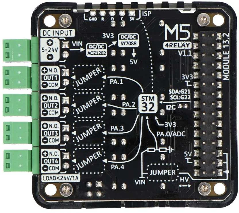 M5Stack 4 kanalų relės modulis V1.1 plokštės viršus
